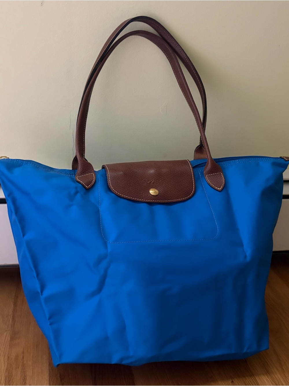 Longchamp Large Royal Blue Nylon Tote with Brown Leather Trim